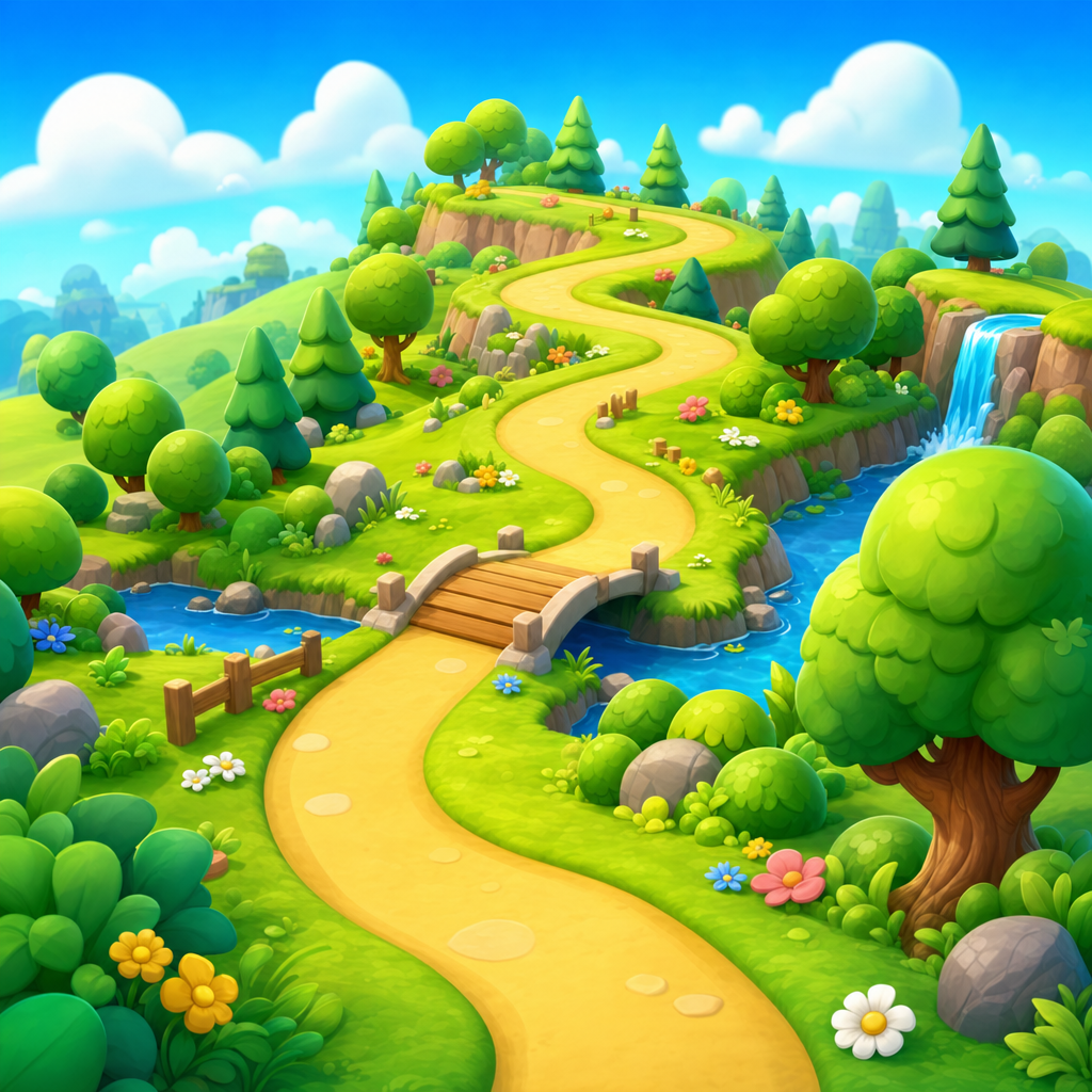 Bright rolling hills with a winding level path